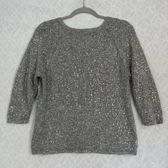 Eileen Fisher Karma Sweater M Silver Gray Metallic Italian Linen Blend Coastal - Picture 6 of 12